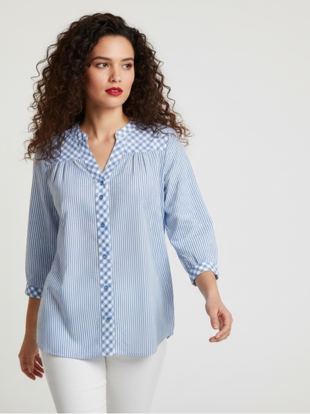 Magari Italy Blue Striped & Gingham Mixed Pattern Blouse - Size L